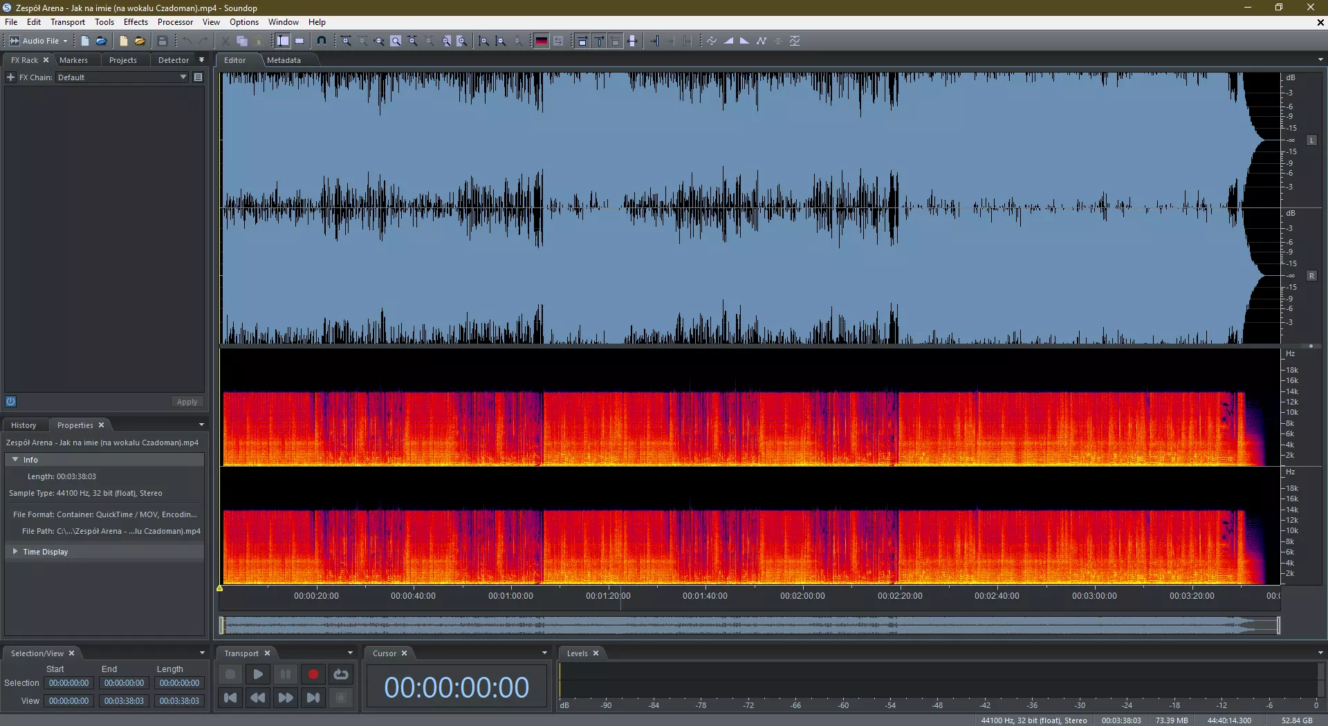 Zrzut ekranu z Soundop z otwartym pojedynczym plikiem dźwiękowym